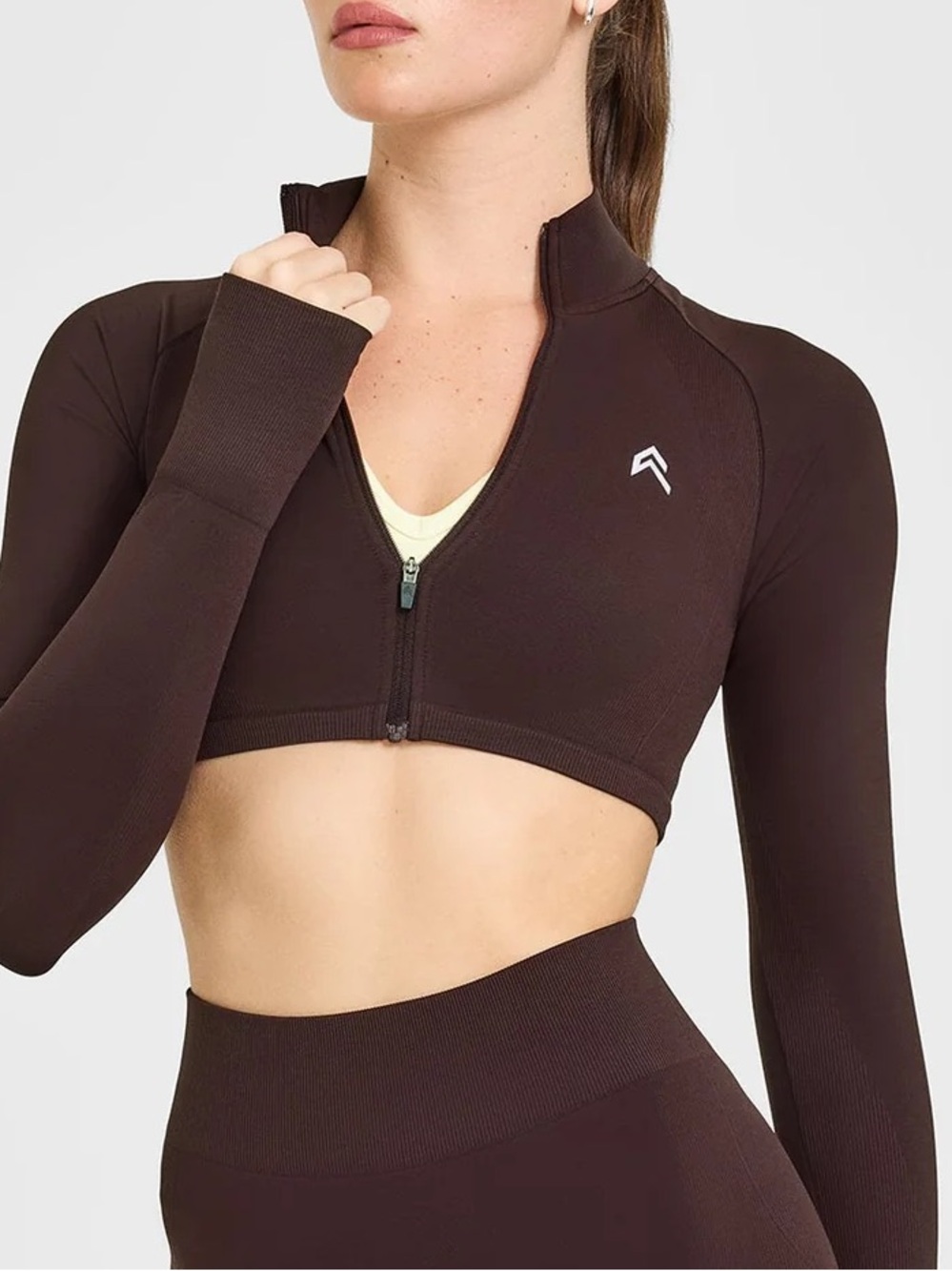 Oner Active Women's Plum Brown Long-Sleeve Zip Crop Top - Activewear
